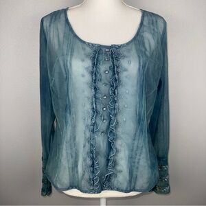 J Jill Medium Blue Sheer Blouse Top Ruffle Floral Embroidery Boho Fairy Romantic